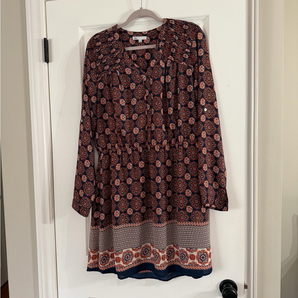 DR2 Geometric Print Long Sleeve Dress - Navy and Rust